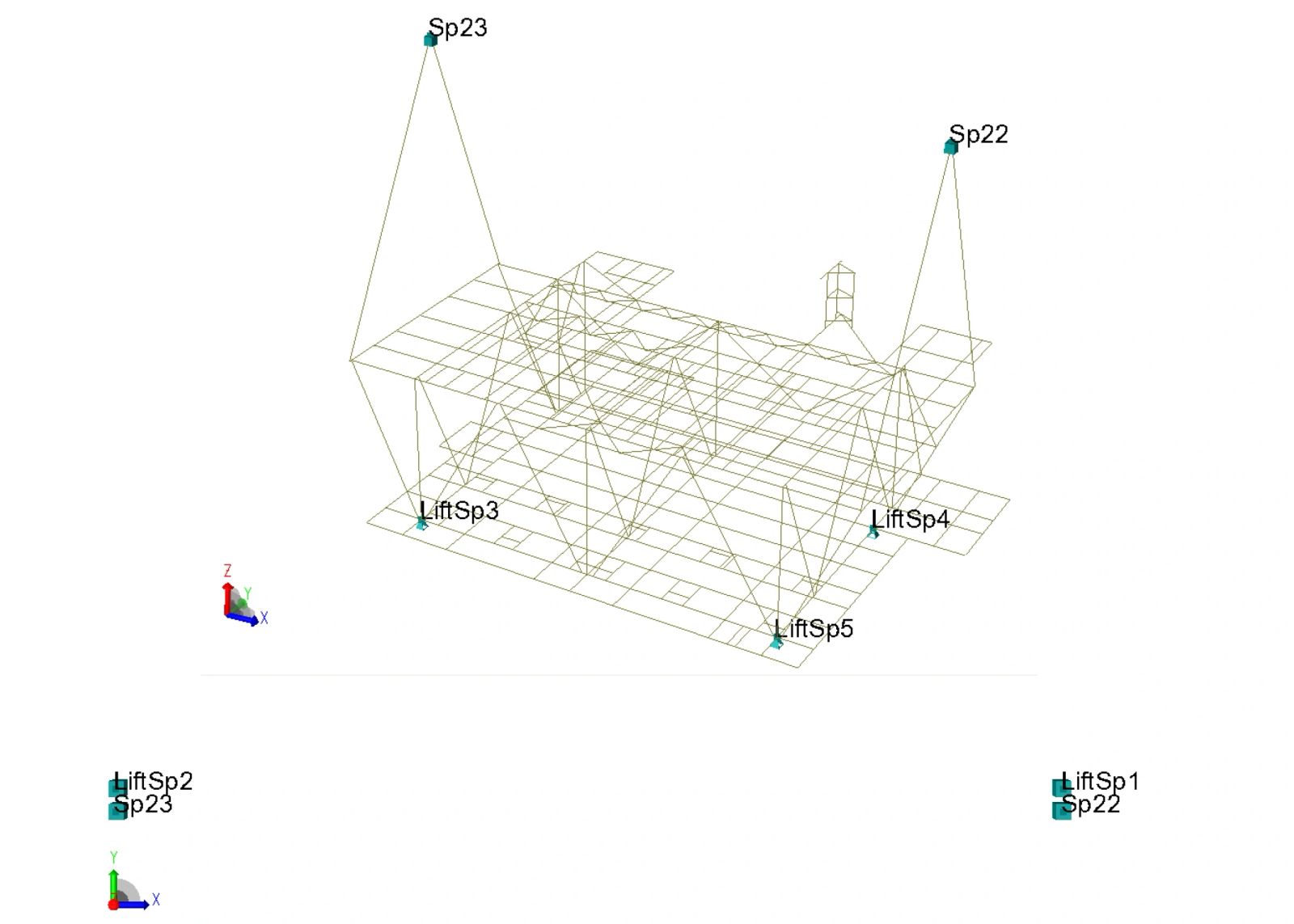 3D wireframe model with labeled points and coordinate axes.