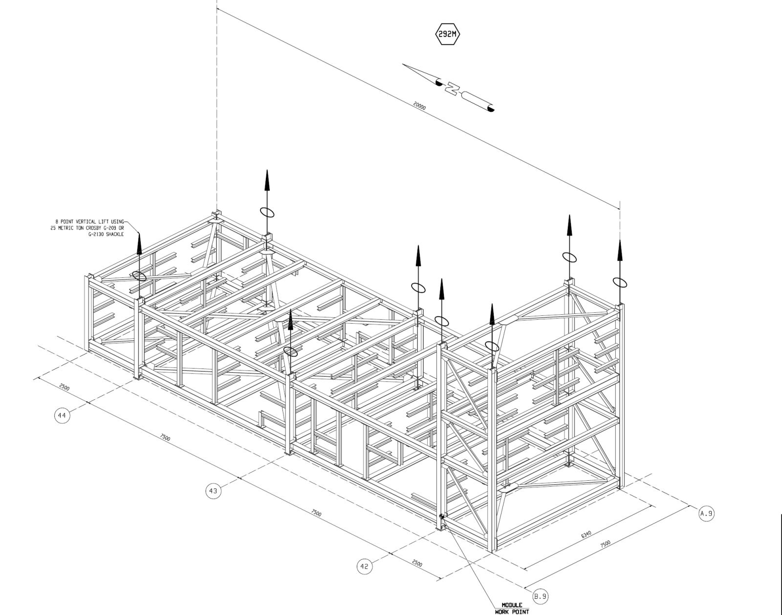 3D architectural wireframe model of a building structure with measured dimensions.